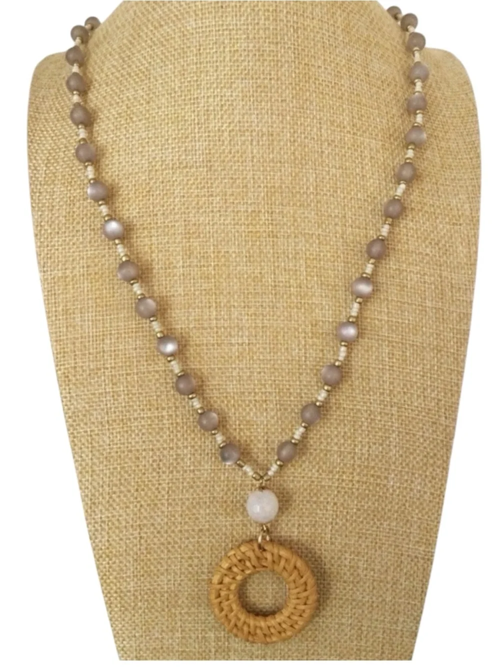 CHARMING CHARLIE Boho Moonglow Lucite, White Quartz & Rattan Pendant Necklace - Picture 7 of 10